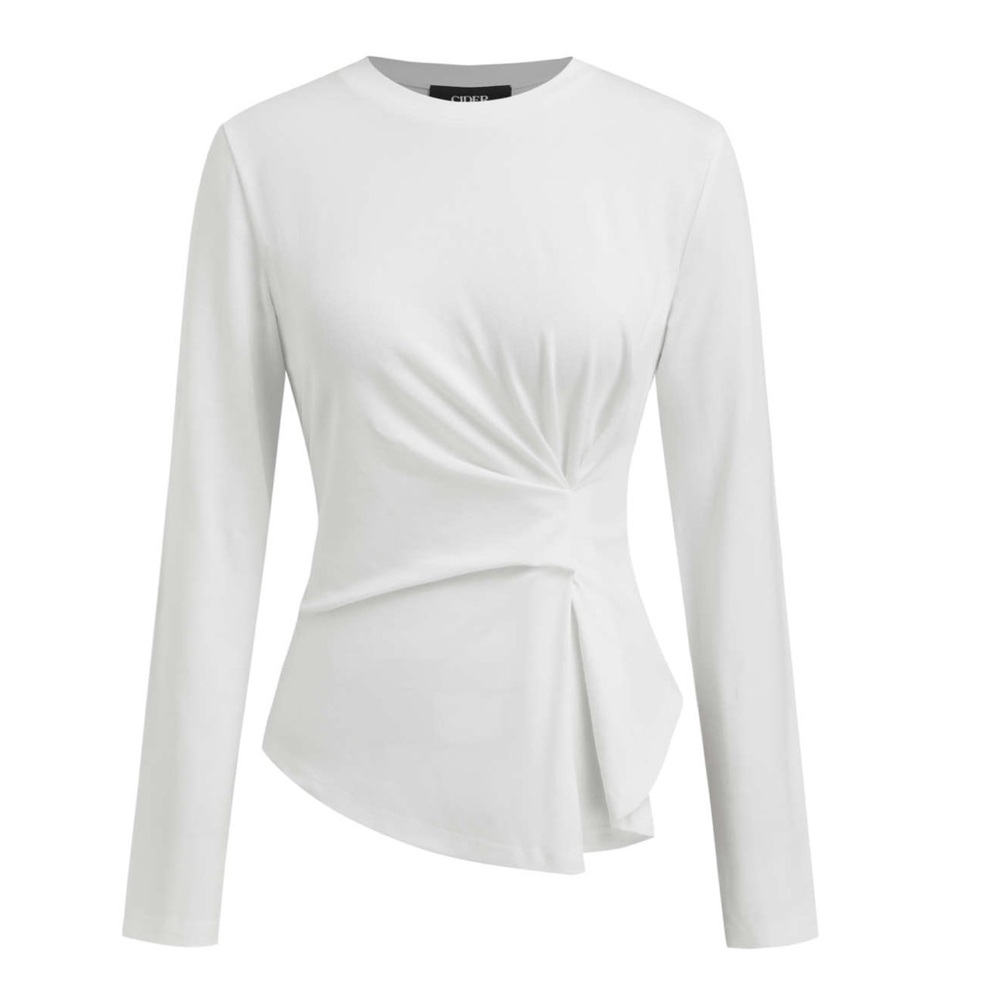 CIDER 100% COTTON ROUND NECKLINE RUCHED LONG SLEEVE TEE
